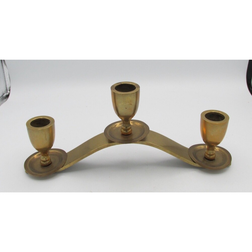 Mid Century 3 candle Brass Curved Candlestick Holder Grannycore Vintage